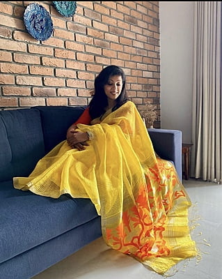 YELLOW RESHAM AND MUSLIN SAREE WITH JAMDANI PALLA