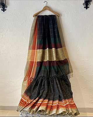 BLACK KHADI COTTON SAREE WITH ZARI CHECKS AND MULTICOLOUR BORDER BLACK KHADI COTTON SAREE WITH ZARI CHECKS AND MULTICOLOUR BORDER