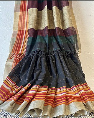 BLACK KHADI COTTON SAREE WITH ZARI CHECKS AND MULTICOLOUR BORDER BLACK KHADI COTTON SAREE WITH ZARI CHECKS AND MULTICOLOUR BORDER