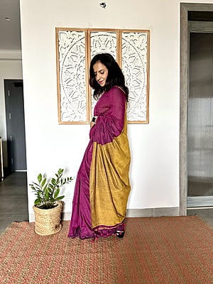 Khadi Cotton Contrast pallu Saree - Purple with Mustard