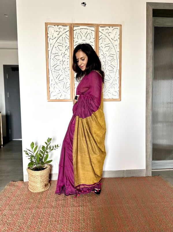 Khadi Cotton Contrast pallu Saree - Purple with Mustard
