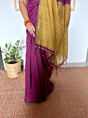 Khadi Cotton Contrast pallu Saree - Purple with Mustard