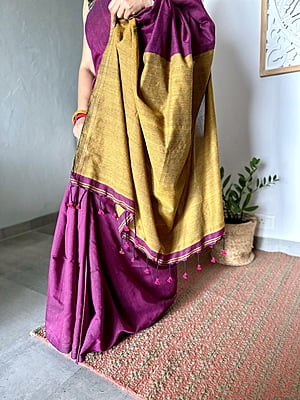 Khadi Cotton Contrast pallu Saree - Purple with Mustard