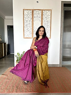 Khadi Cotton Contrast pallu Saree - Purple with Mustard