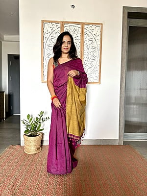 Khadi Cotton Contrast pallu Saree - Purple with Mustard