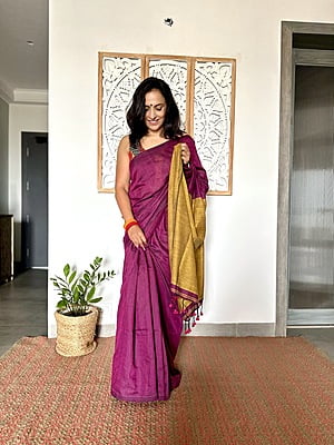 Khadi Cotton Contrast pallu Saree - Purple with Mustard