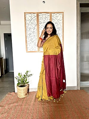 Khadi Cotton Contrast Pallu Saree - Mustard with Red