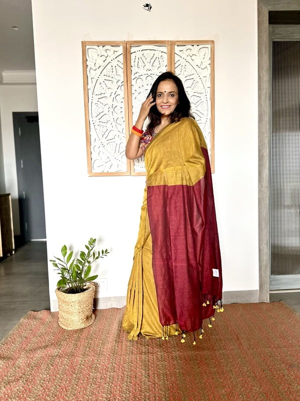 Khadi Cotton Contrast Pallu Saree - Mustard with Red
