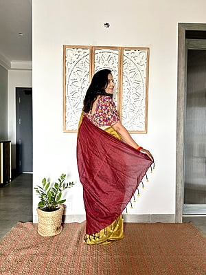 Khadi Cotton Contrast Pallu Saree - Mustard with Red