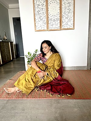 Khadi Cotton Contrast Pallu Saree - Mustard with Red