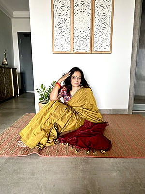 Khadi Cotton Contrast Pallu Saree - Mustard with Red