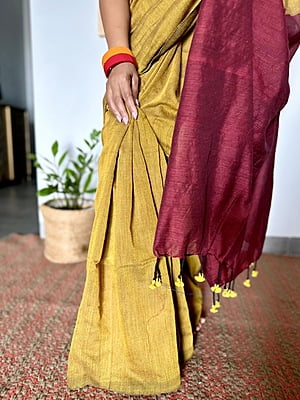 Khadi Cotton Contrast Pallu Saree - Mustard with Red