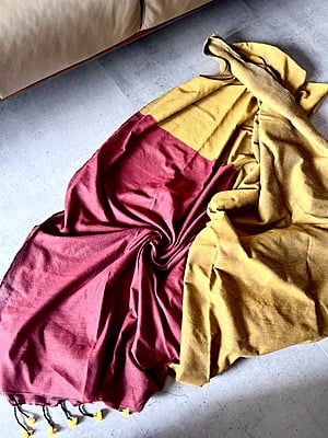Khadi Cotton Contrast Pallu Saree - Mustard with Red