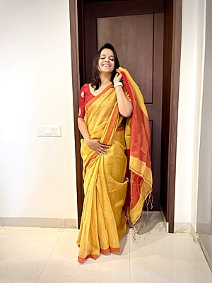 YELLOW AND RED KHADI TISSUE SAREE