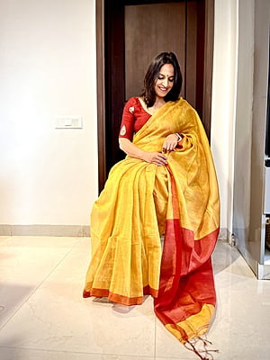 YELLOW AND RED KHADI TISSUE SAREE