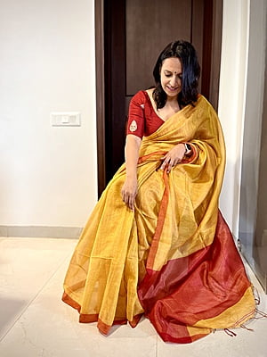 YELLOW AND RED KHADI TISSUE SAREE