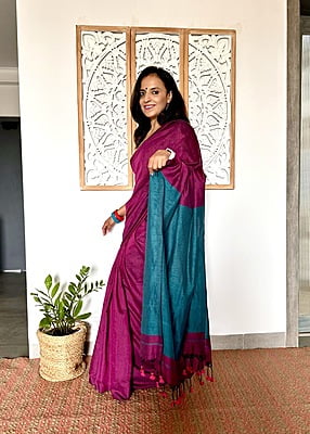 Khadi Cotton Contrast Pallu Saree - Purple with Teal Khadi Cotton Contrast Pallu Saree - Purple with Teal