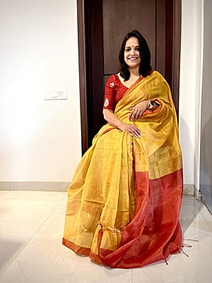 YELLOW AND RED KHADI TISSUE SAREE