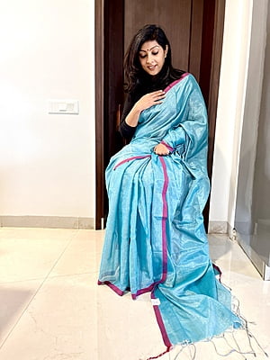 FIROZI AND PINK KHADI TISSUE SAREE