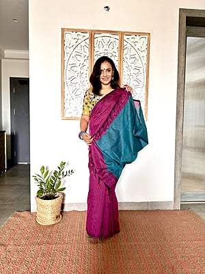Khadi Cotton Contrast Pallu Saree - Purple with Teal Khadi Cotton Contrast Pallu Saree - Purple with Teal