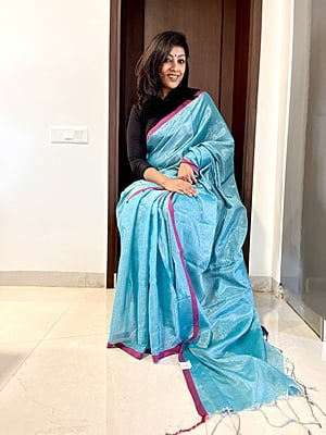 FIROZI AND PINK KHADI TISSUE SAREE