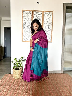 Khadi Cotton Contrast Pallu Saree - Purple with Teal Khadi Cotton Contrast Pallu Saree - Purple with Teal