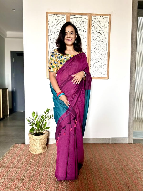 Khadi Cotton Contrast Pallu Saree - Purple with Teal Khadi Cotton Contrast Pallu Saree - Purple with Teal