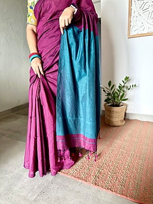 Khadi Cotton Contrast Pallu Saree - Purple with Teal Khadi Cotton Contrast Pallu Saree - Purple with Teal