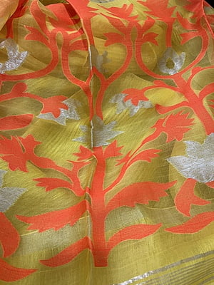 YELLOW RESHAM AND MUSLIN SAREE WITH JAMDANI PALLA