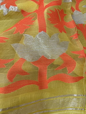YELLOW RESHAM AND MUSLIN SAREE WITH JAMDANI PALLA