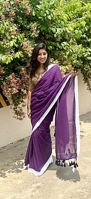Purple Mulmul Saree with Crochete Lace Border