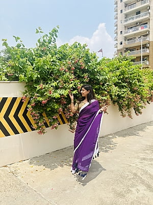 Purple Mulmul Saree with Crochete Lace Border