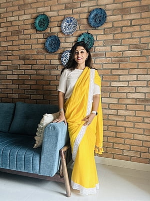 Yellow Mulmul Saree with Crochete Lace Border