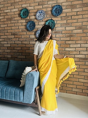 Yellow Mulmul Saree with Crochete Lace Border