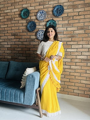 Yellow Mulmul Saree with Crochete Lace Border