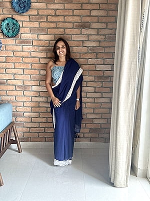 Navy Blue Mulmul Saree with Crochete Border