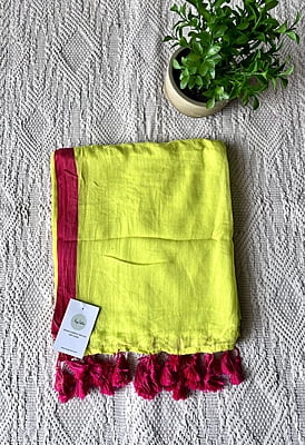 Lime Green Mulmul Saree with Pink Border Lime Green Mulmul Saree with Pink Border