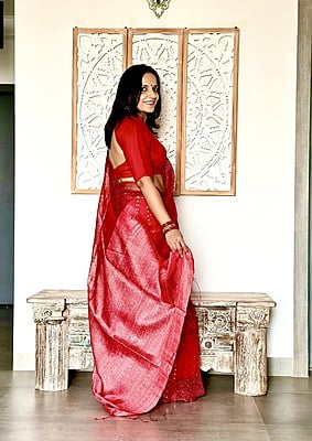 Pure Muslin with all over sequins woven and woven Border - Red Pure Muslin with all over sequins woven and woven Border - Red