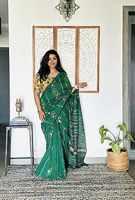 Green Hand Embroidered Cotton Kantha Saree