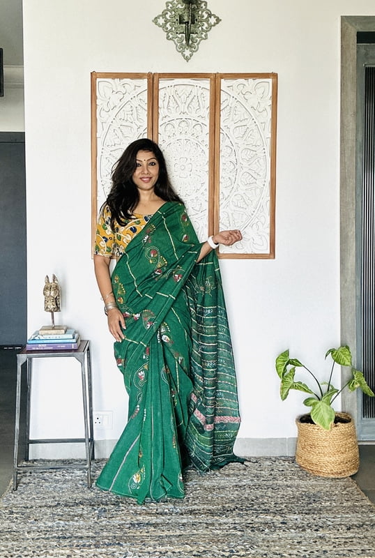Green Hand Embroidered Cotton Kantha Saree Green Hand Embroidered Cotton Kantha Saree