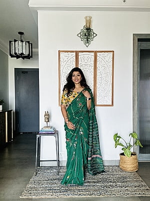 Green Hand Embroidered Cotton Kantha Saree Green Hand Embroidered Cotton Kantha Saree