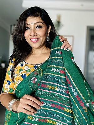 Green Hand Embroidered Cotton Kantha Saree Green Hand Embroidered Cotton Kantha Saree