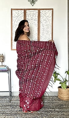 Maroon Hand Embroidered Cotton Kantha Saree