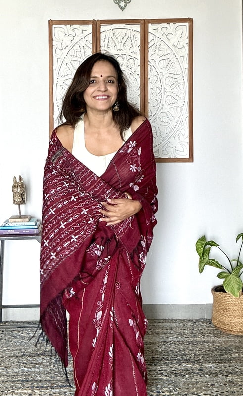 Maroon Hand Embroidered Cotton Kantha Saree