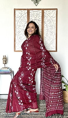 Maroon Hand Embroidered Cotton Kantha Saree