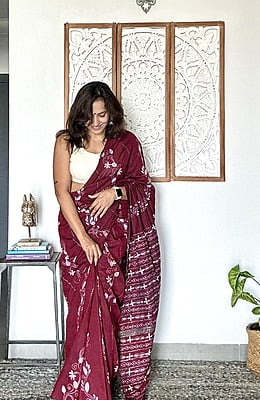 Maroon Hand Embroidered Cotton Kantha Saree