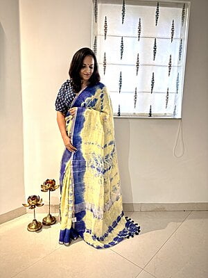PURE LINEN SHIBORI DYED SAREE-YELLOW & BLUE PURE LINEN SHIBORI DYED SAREE-YELLOW & BLUE
