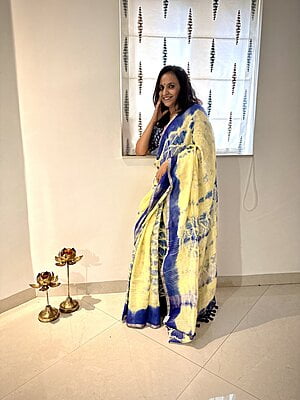 PURE LINEN SHIBORI DYED SAREE-YELLOW & BLUE PURE LINEN SHIBORI DYED SAREE-YELLOW & BLUE