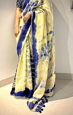 PURE LINEN SHIBORI DYED SAREE-YELLOW & BLUE PURE LINEN SHIBORI DYED SAREE-YELLOW & BLUE