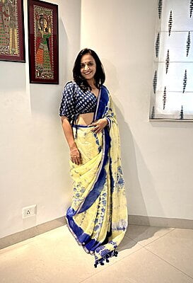 PURE LINEN SHIBORI DYED SAREE-YELLOW & BLUE